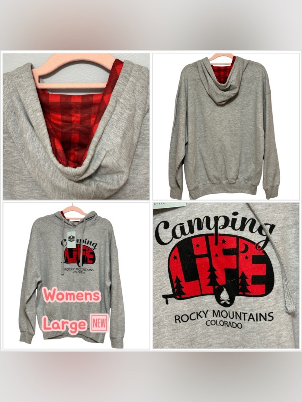 Women’s Camping Colorado Large Gray Red Fleece Pullover Hoodie Sweatshirt NWT